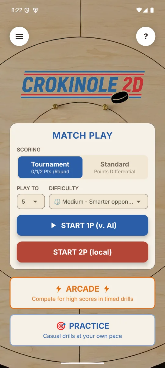 Crokinole 2D Android phone main menu showing match play, arcade, and practice options