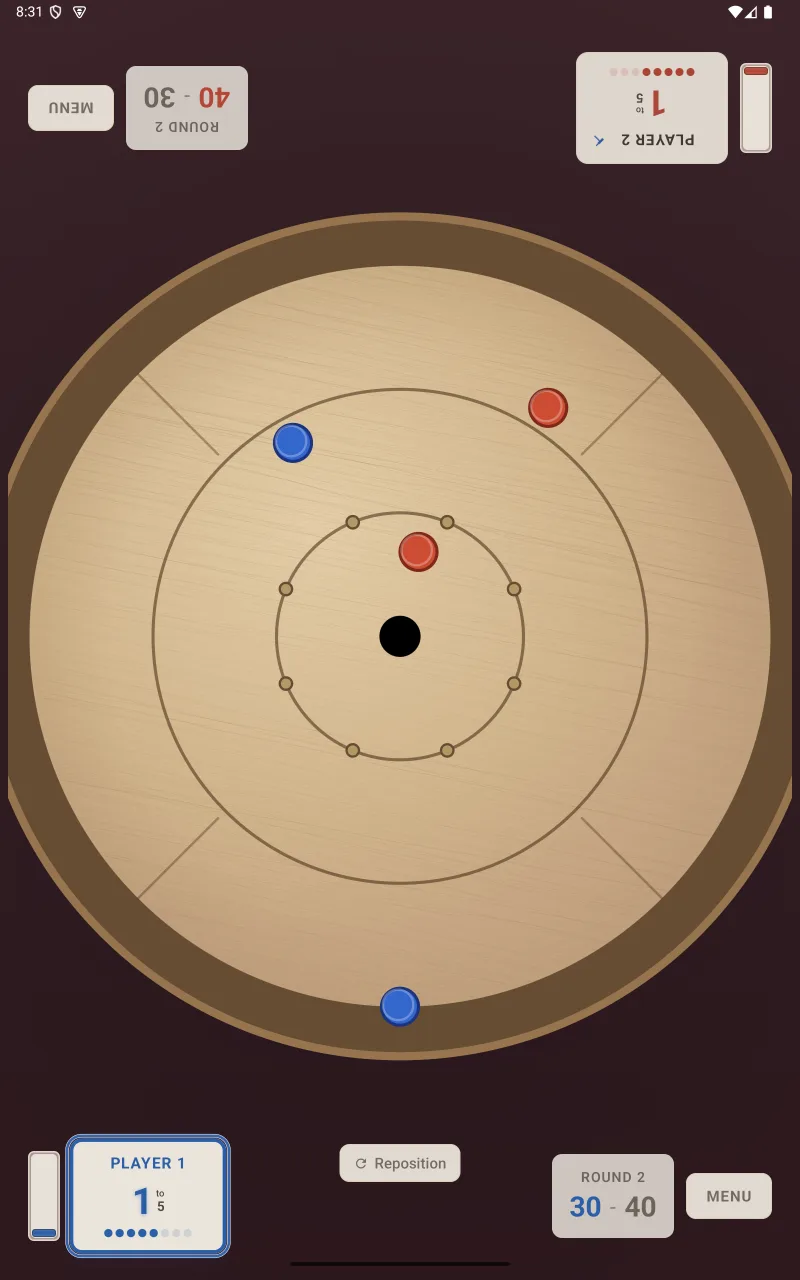 Crokinole 2D Android tablet two-player mode with the board laid out vertically