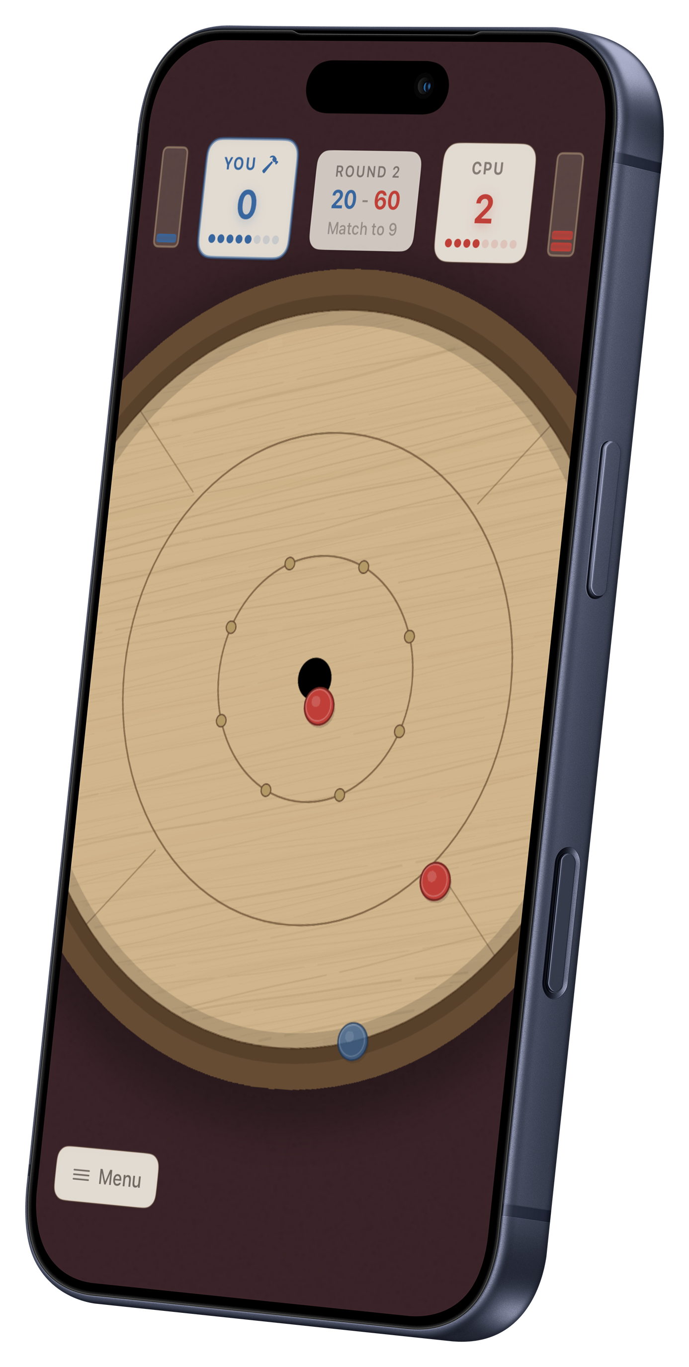 Crokinole 2D gameplay screenshot showing the wooden board with discs on iPhone