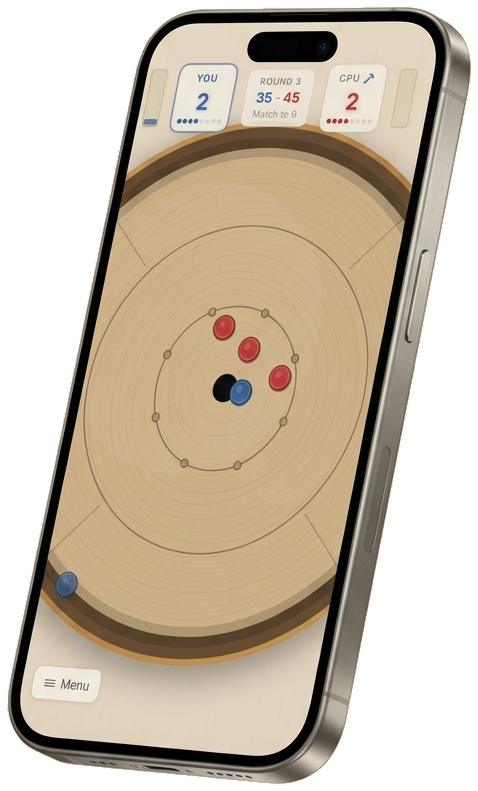 Crokinole 2D gameplay screenshot showing the wooden board with discs on iPhone
