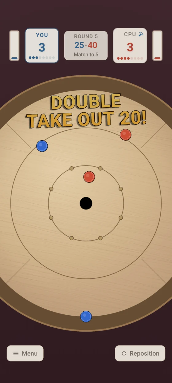 Crokinole 2D Android gameplay screenshot showing a double take out 20 shot