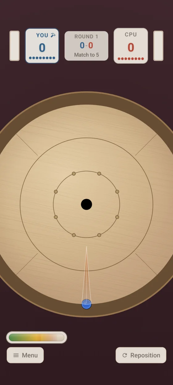 Crokinole 2D Android gameplay screenshot showing a pullback shot lined up on the board