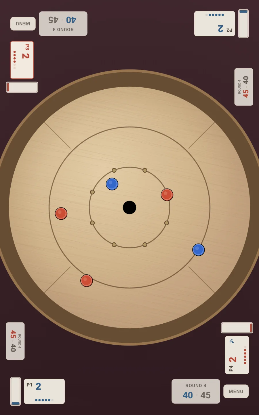 Crokinole 2D Android tablet local doubles gameplay with four players sharing one board