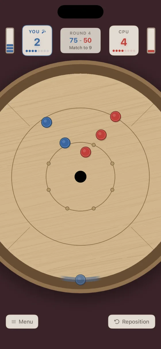 Crokinole 2D iPhone gameplay screenshot showing a live match with discs on the board