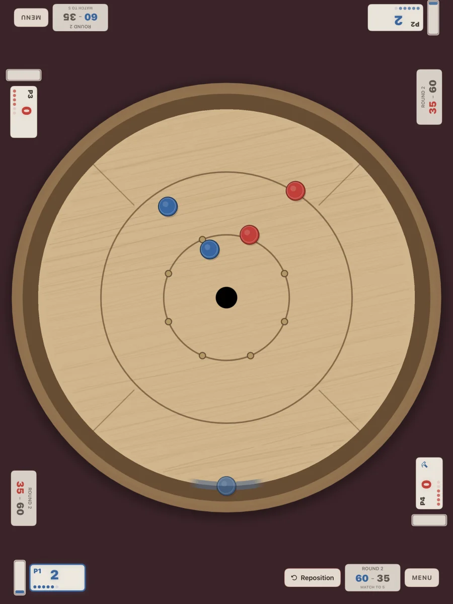 Crokinole 2D iPad local doubles gameplay screenshot with four players sharing one board